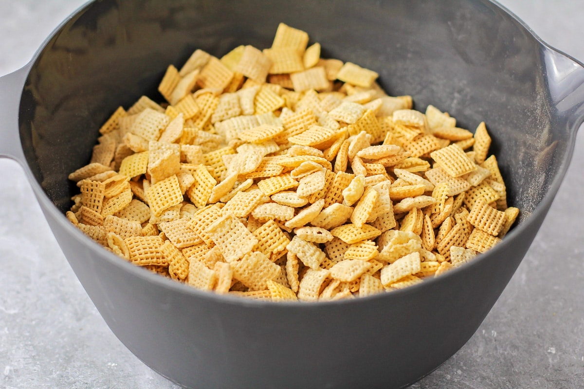 Chex cereal in bowl for homemade puppy chow recipe.