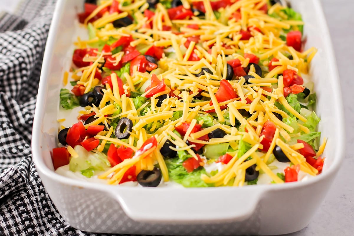 Toppings on taco casserole recipe close up image.