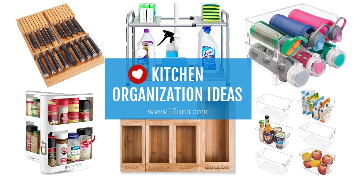 A collage of various kitchen organization products.