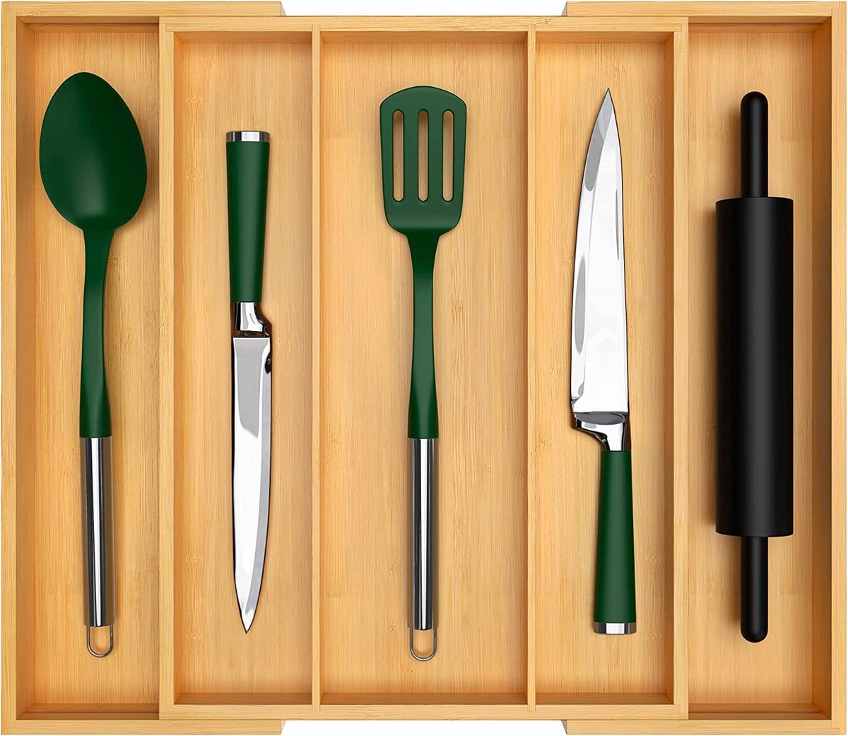 Kitchen Organization Ideas - A bamboo utensil organizer holding knives, a spatula, and a spoon.