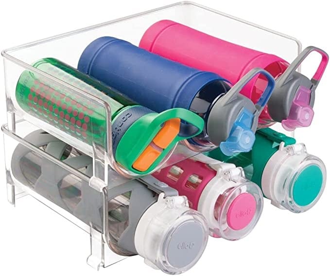 Kitchen organization ideas - A stackable water bottle organizer holding six water bottles.