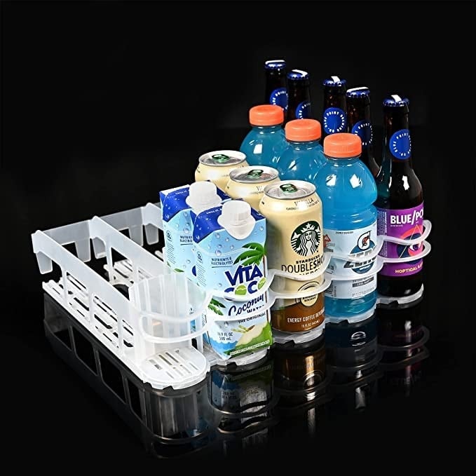 Kitchen organization ideas - A clear drink organizer holding a variety of drinks in different containers.