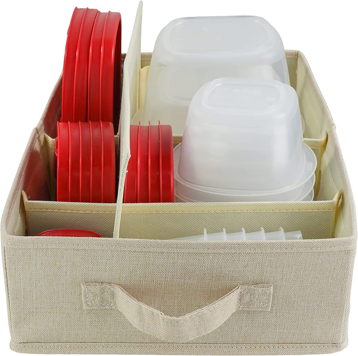 Kitchen organization ideas - A food storage container organizer holding clear containers and red lids.