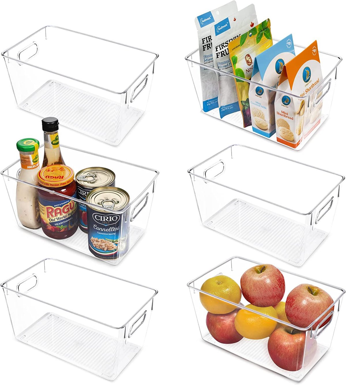 Kitchen organization ideas -Six small clear storage bins, three of which have food in them.