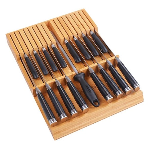 Kitchen organization ideas - Wood knife block organizer for storing knives in a drawer.