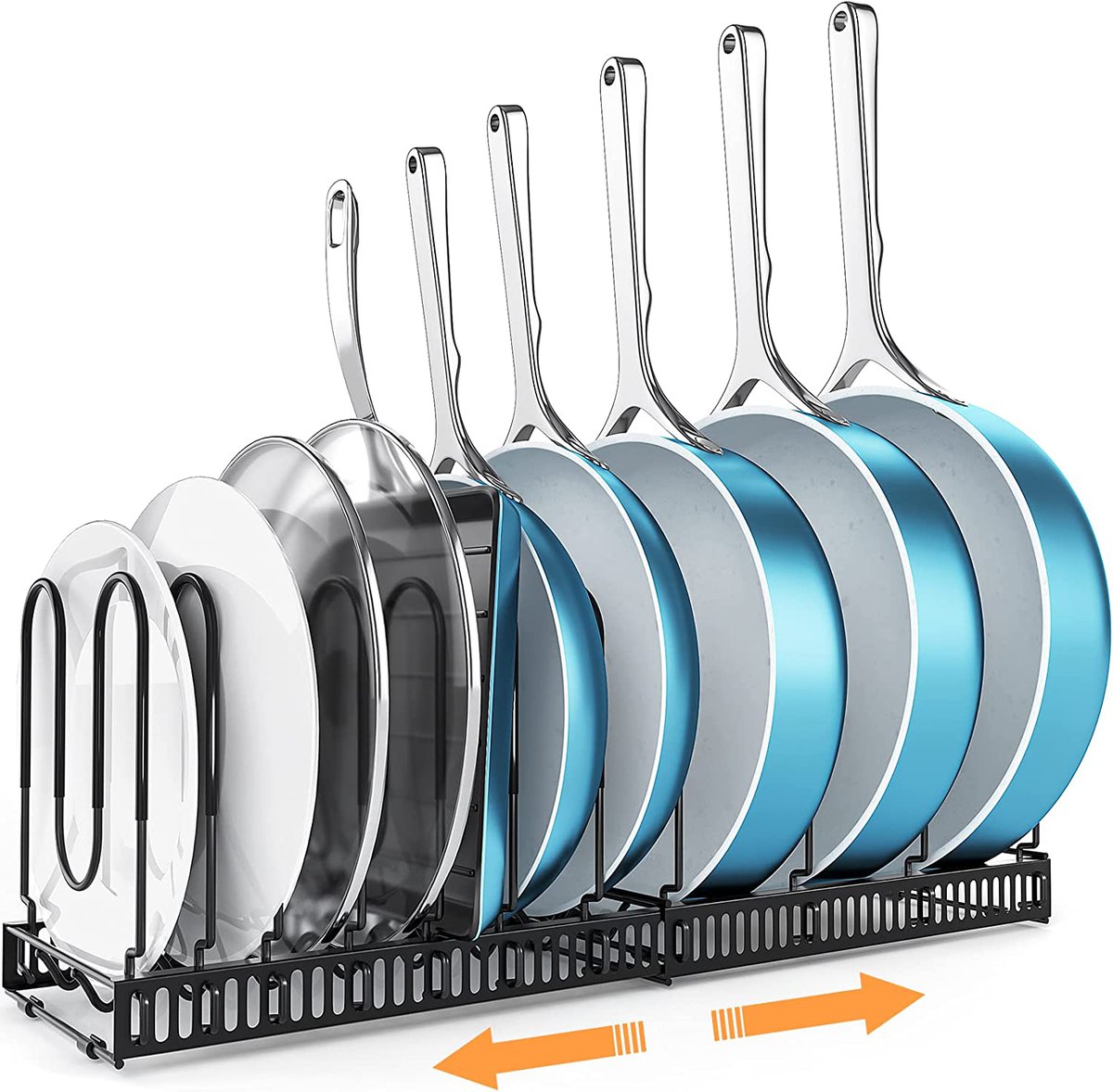 Kitchen organization ideas - An extendable horizontal rack that holds pots, pans, and lids.