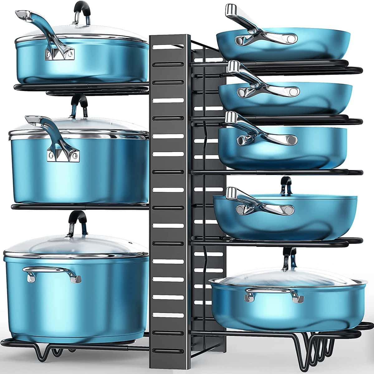 Kitchen organization ideas - A storage rack that vertically stores pots and pans with their lids.