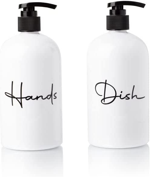 Kitchen organization ideas - Two soap dispensers that are white with black pumps an writing that says "Hands" on one and "Dish" on the other.