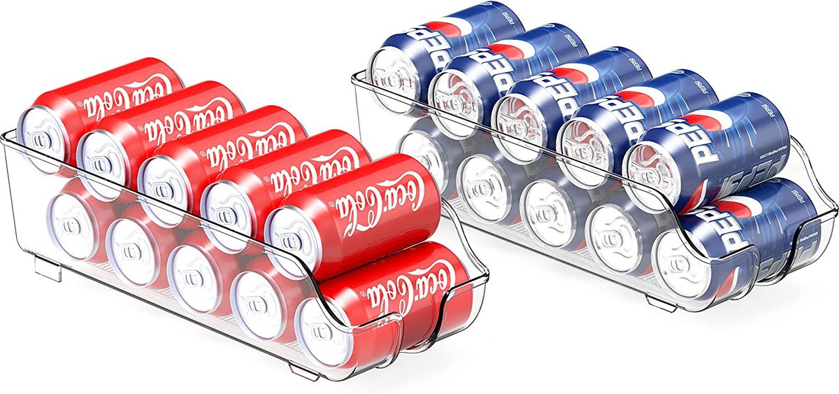 Kitchen organization ideas - Two clear open storage bins filled with soda cans.