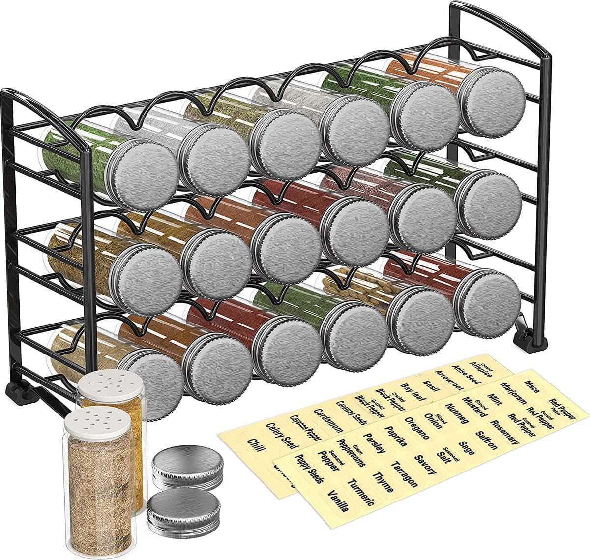 Kitchen organization ideas - a spice rack with glass bottles and labels.