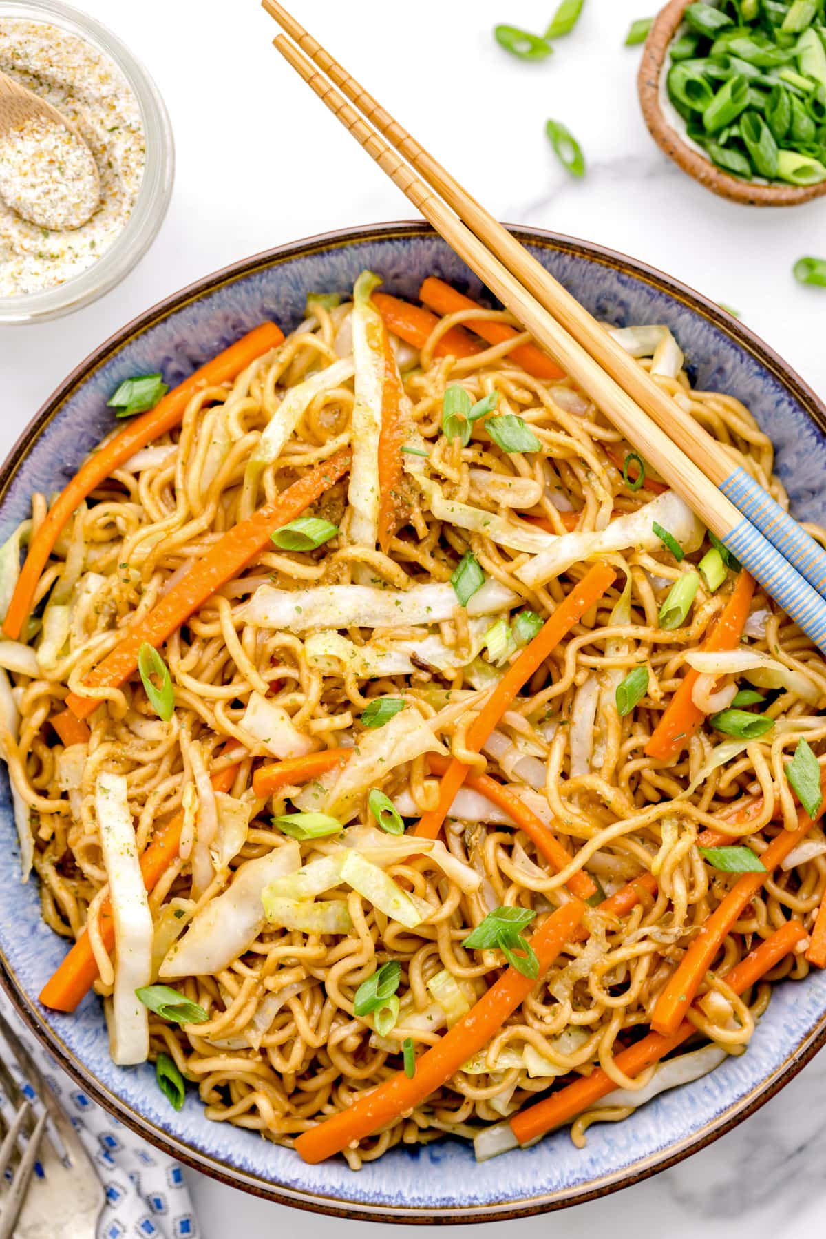 Close up of a bowl of chow mein recipe served with chopsticks.