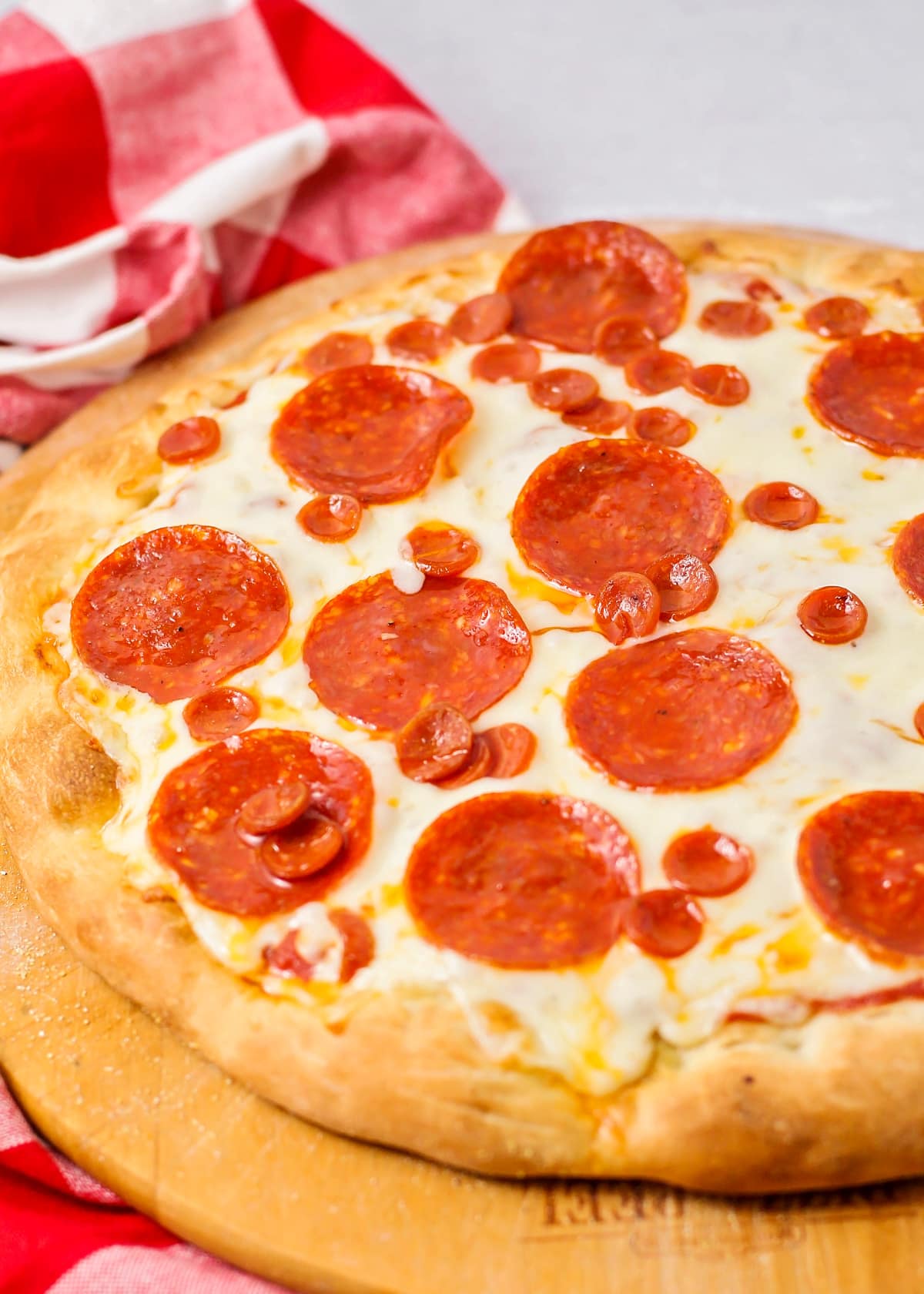 Close up of pepperoni pizza made on homemade pizza dough.