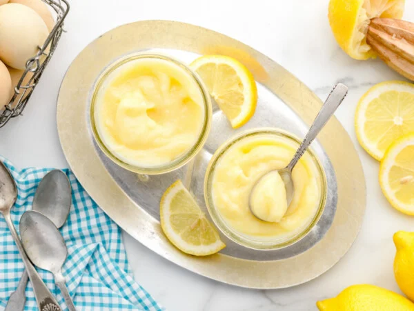 Small jars of homemade lemon curd.