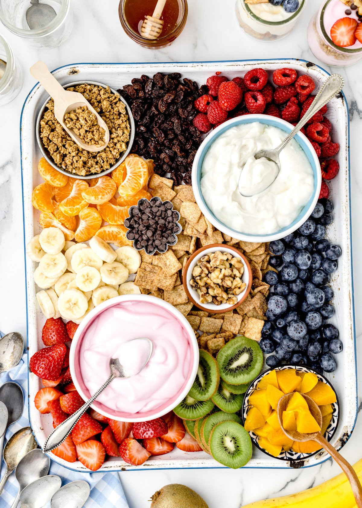 Close up of an assembled yogurt parfait board.