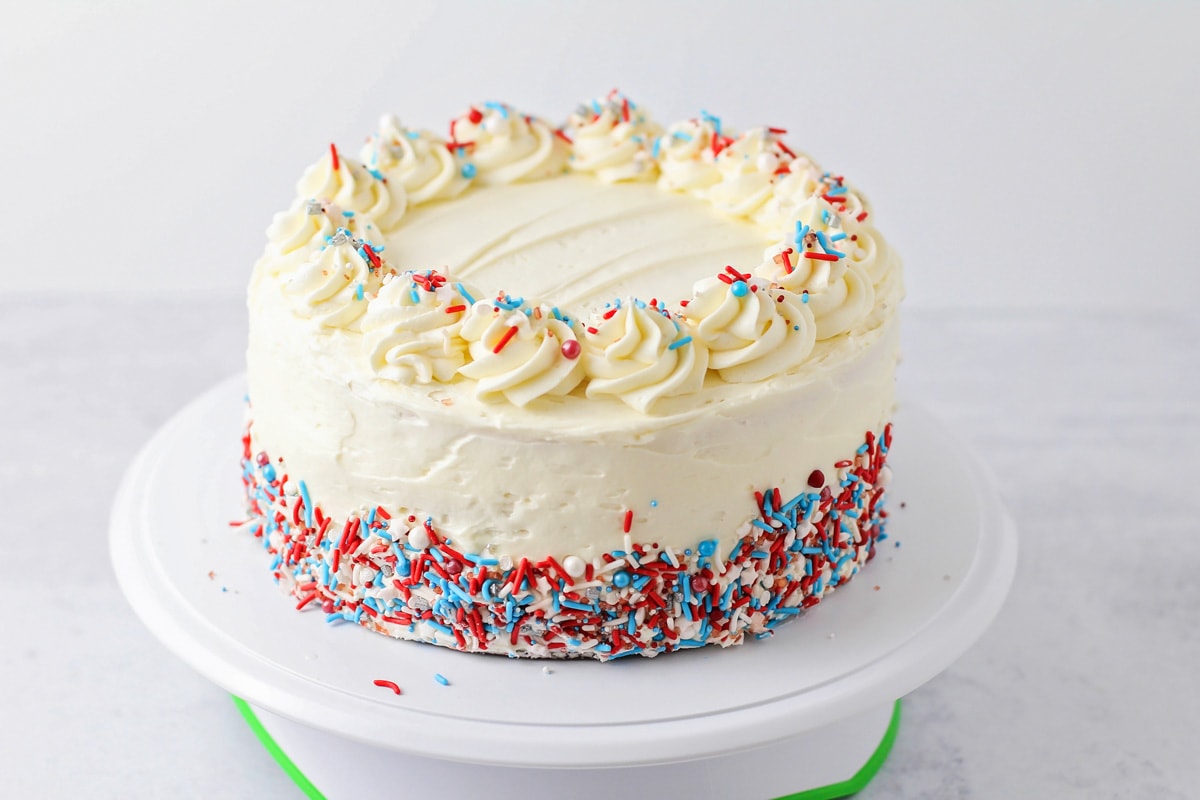 Frosted and decorated patriotic layer cake.