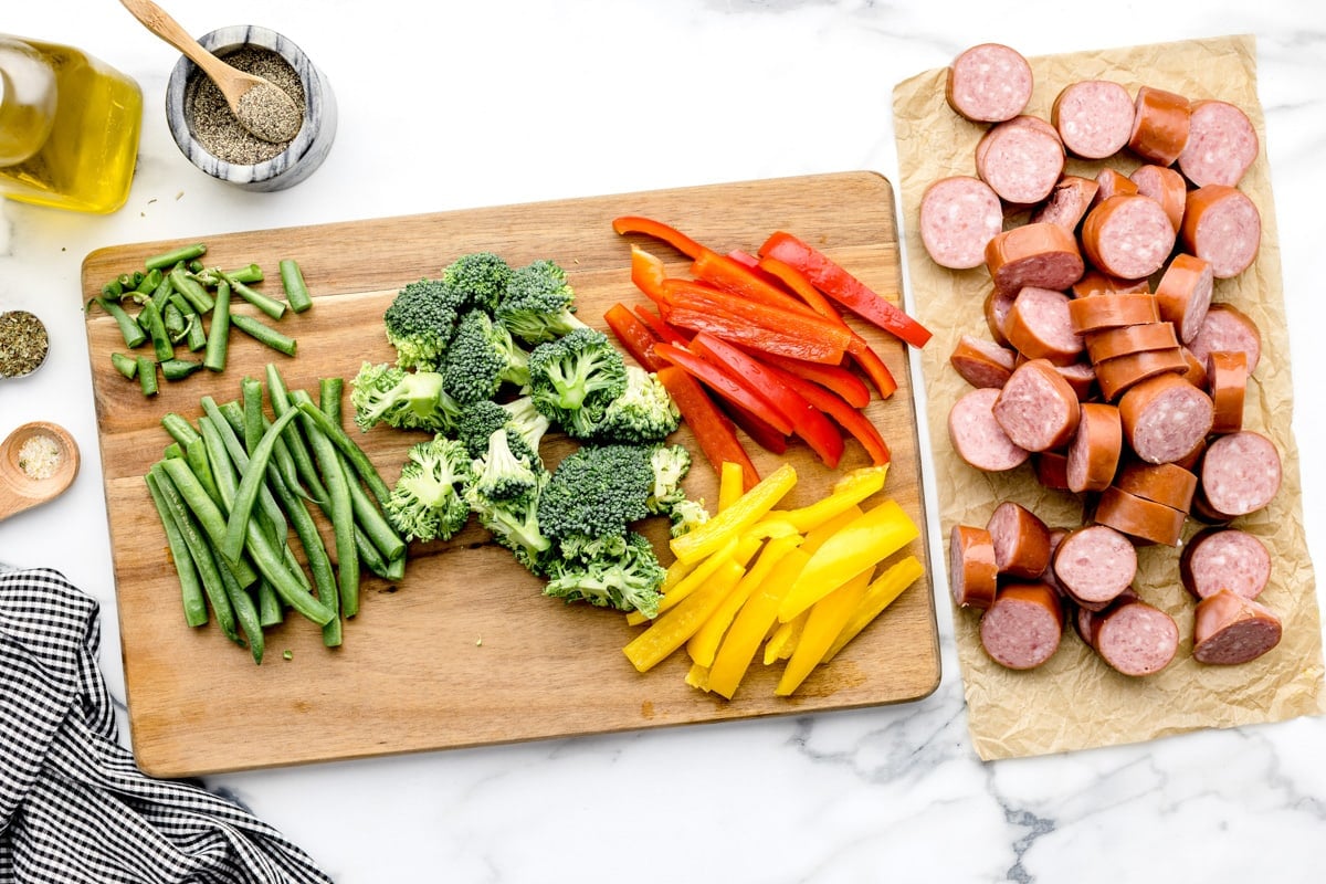 Cut and prepped sausage and veggies for sheet pan sausage and veggies.