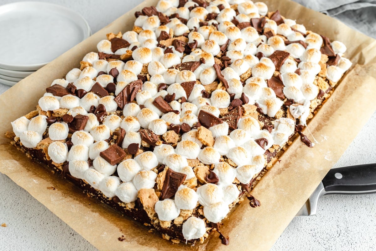 Baked s'mores brownies pulled from the pan.