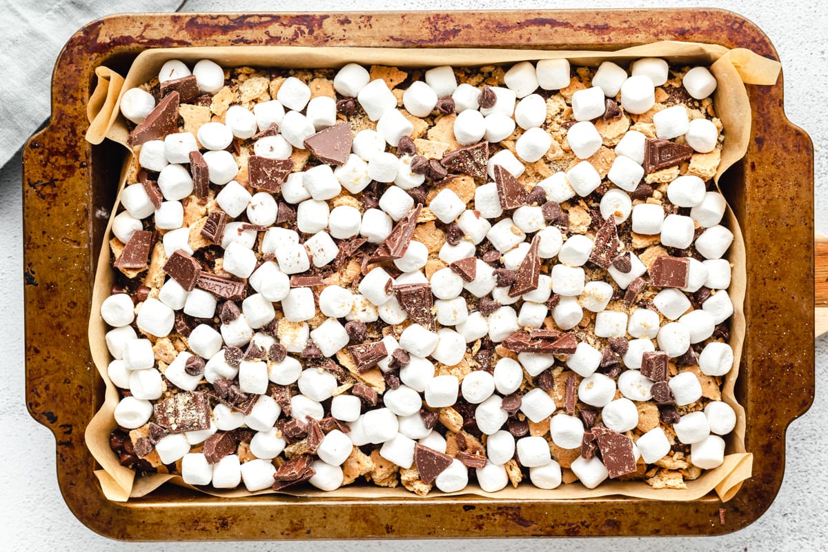 Layered s'mores brownies ready to be baked.