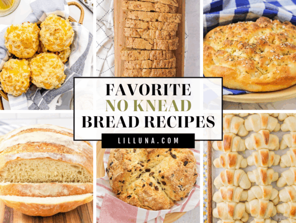 Collage of no knead bread recipes.