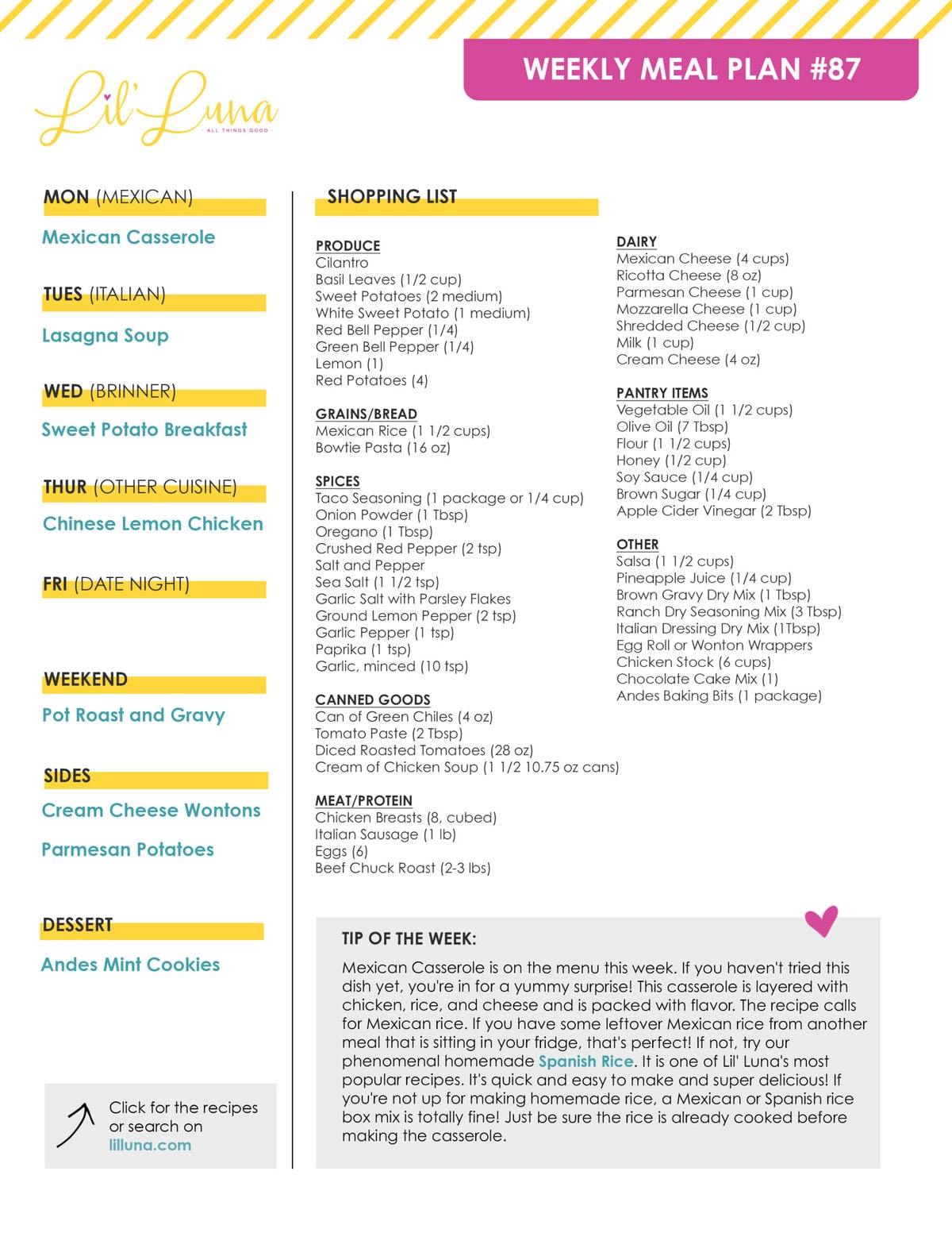 An image of the printable meal plan and grocery list.