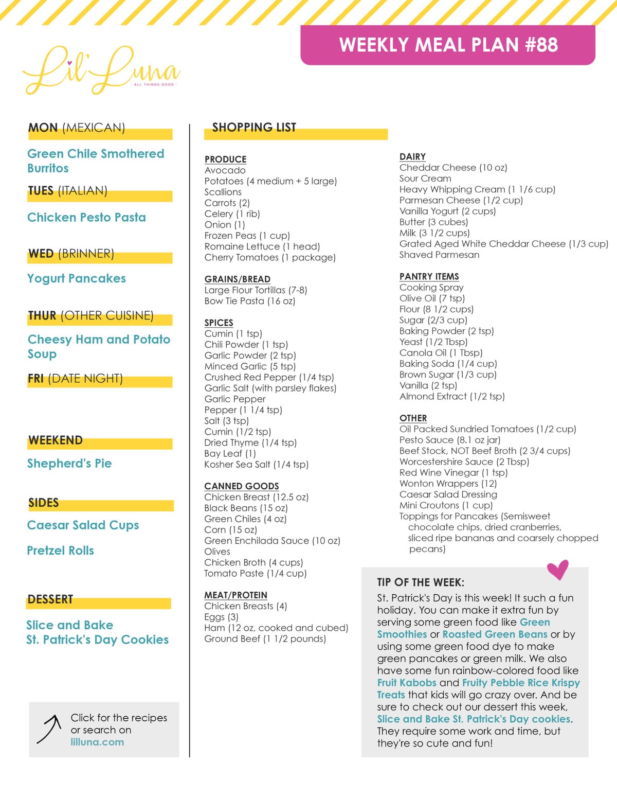 Printable version of Meal Plan #88 with grocery list.