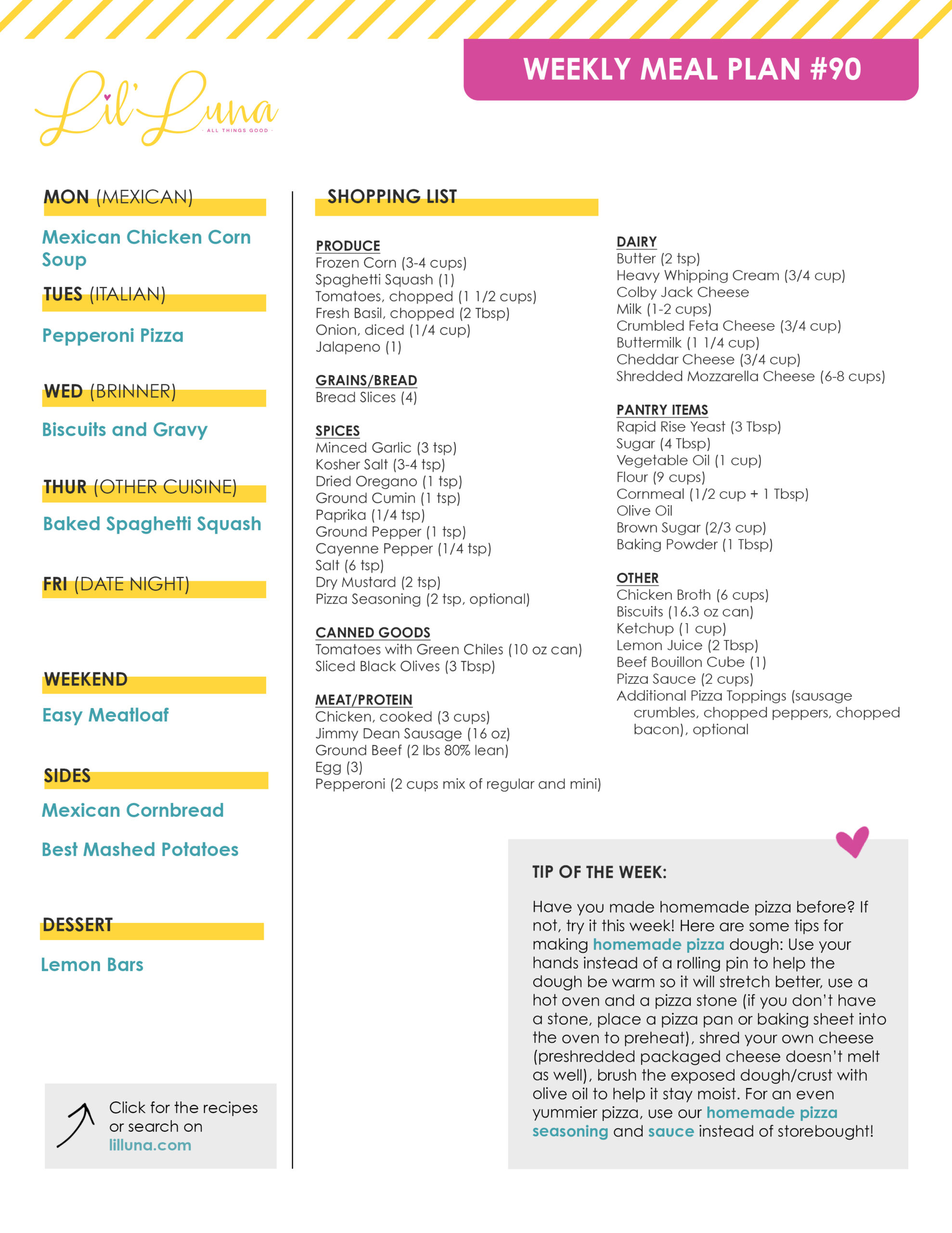 Printable version of Meal Plan #90 with grocery list.