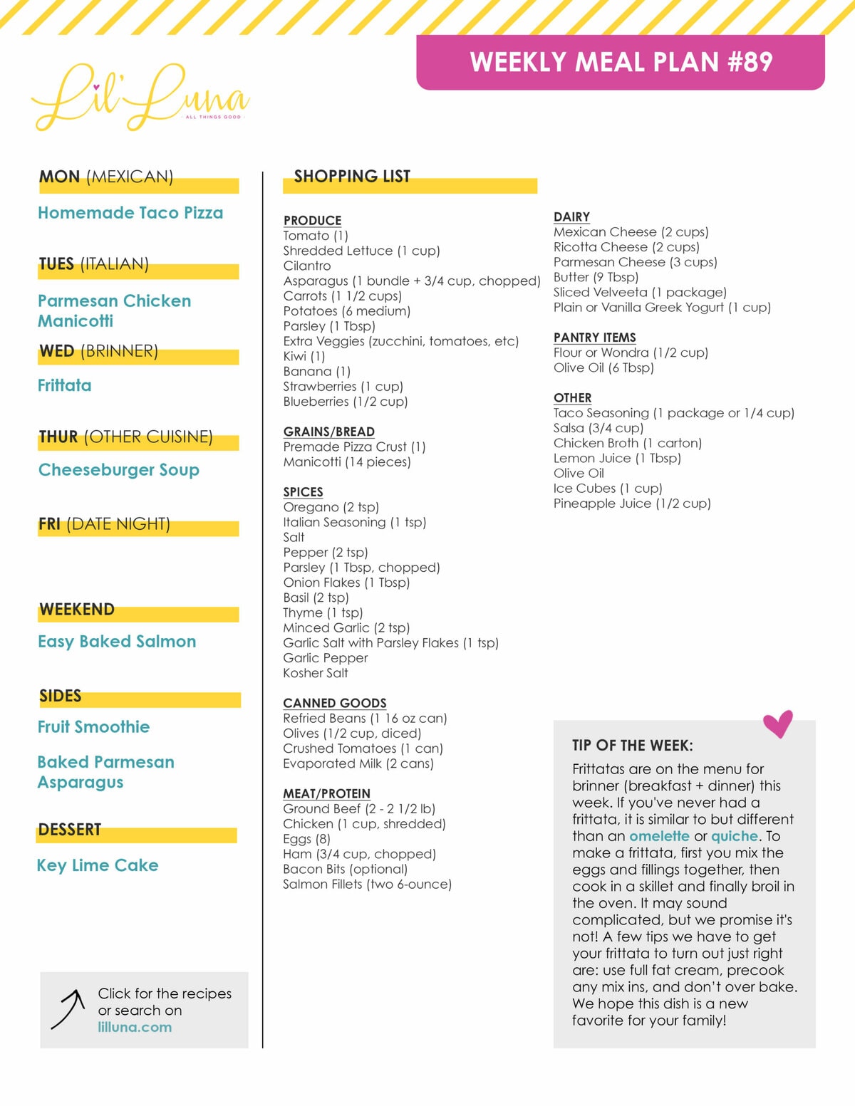 Printable version of Meal Plan #89 with grocery list.