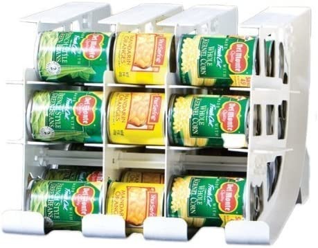 Pantry Organization Ideas - 3-tier white plastic can organizer that rotates cans.