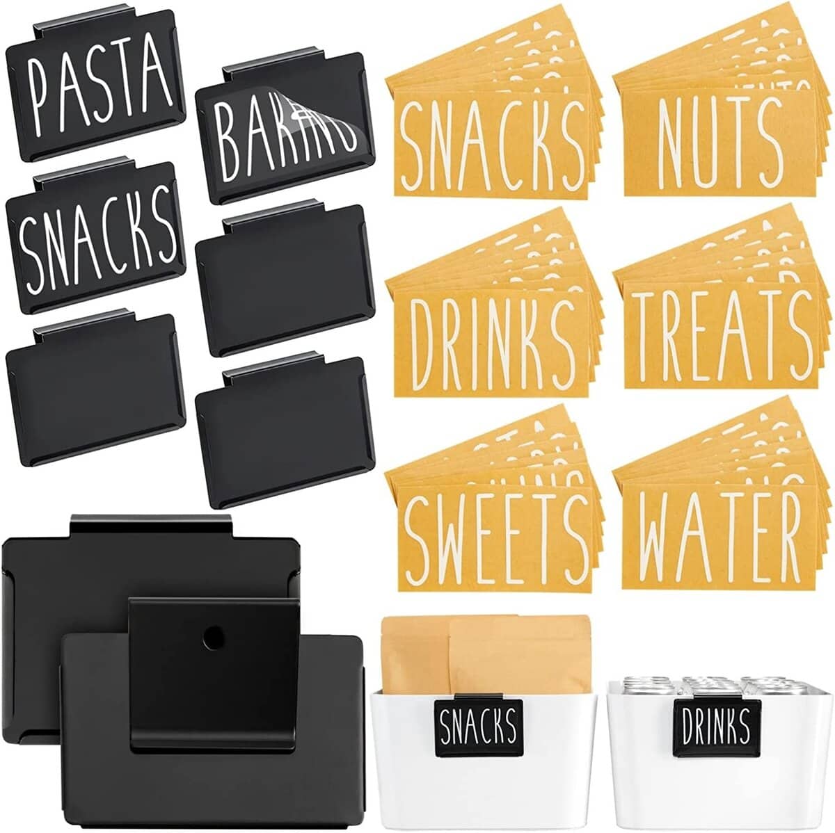 Pantry Organization Ideas - clear pantry storage labels with white font and black metal clips that they can be attached to.