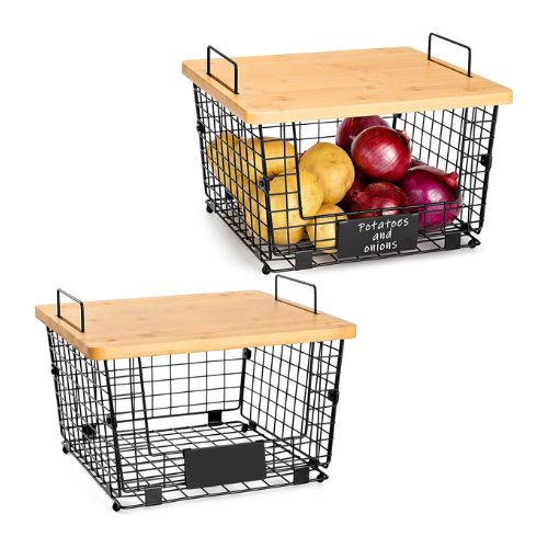 Pantry Organization Ideas - set of two black wire baskets with bamboo tops.