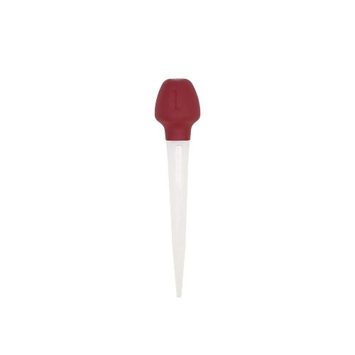Clear plastic baster with a red rubber bulb.