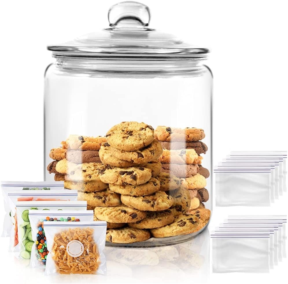 Pantry Organization Ideas - clear glass cookie jar with lid containing several cookies.
