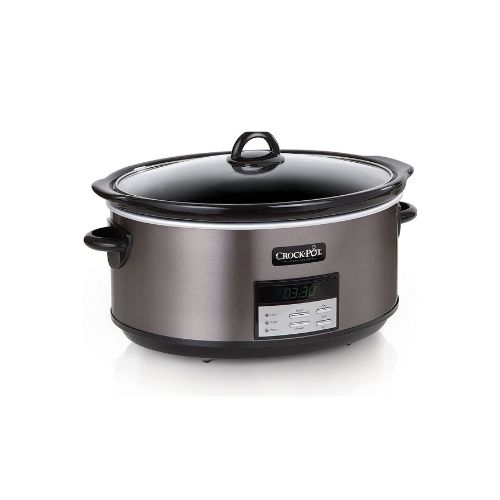 Crockpot brand stainless steel slow cooker with digital controls.