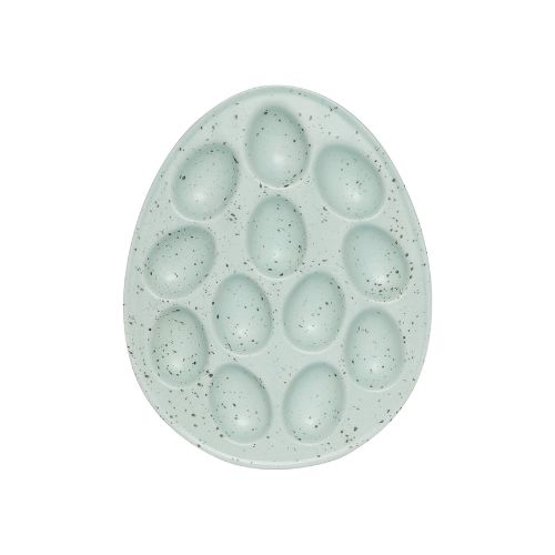 A light blue egg-shaped platter with small egg-shaped slots that can be used to serve deviled eggs.