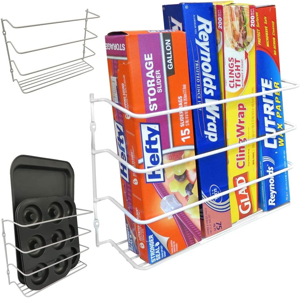 Pantry Organization Ideas - white metal basket organizer that can be attached to door.