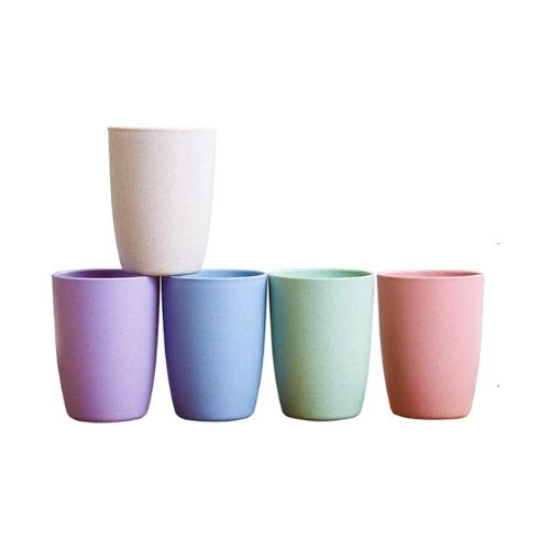Five small cups in different pastel colors.