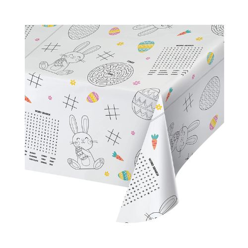 A paper tablecloth with various pictures to color and activities on it.