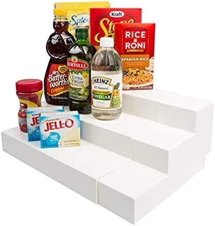 Pantry Organization Ideas - a white 3-tier plastic pantry shelf organizer.