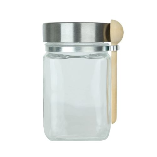 Pantry Organization Ideas - clear glass jar with salt inside and spoon attached to the side.