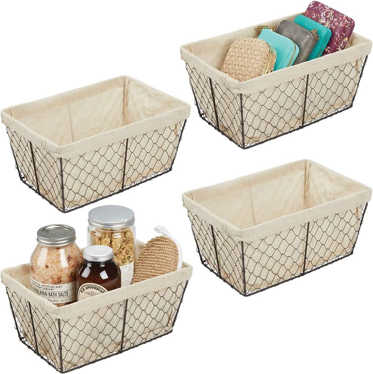 Pantry Organization Ideas - set of four plastic wire baskets with off-white fabric liners.