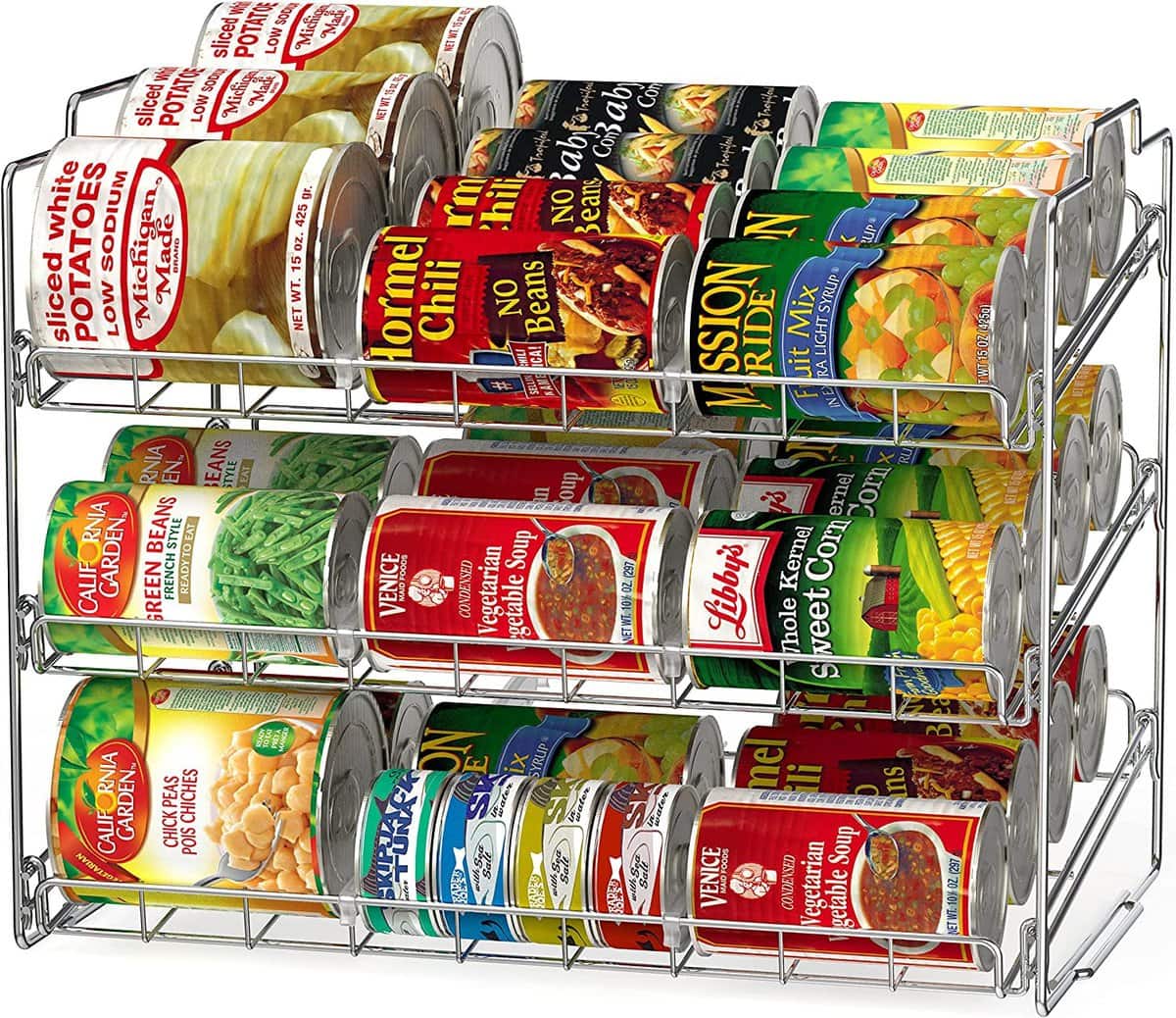 Pantry Organization Ideas - 3 tier metal can organizer that rotates cans.