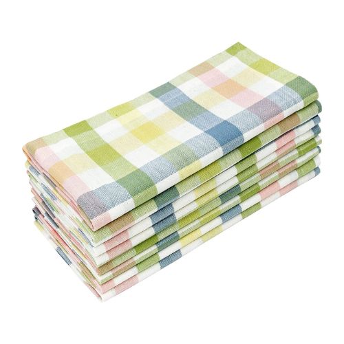 Several pastel colors checkered cloth napkins folded and stacked in a pile.