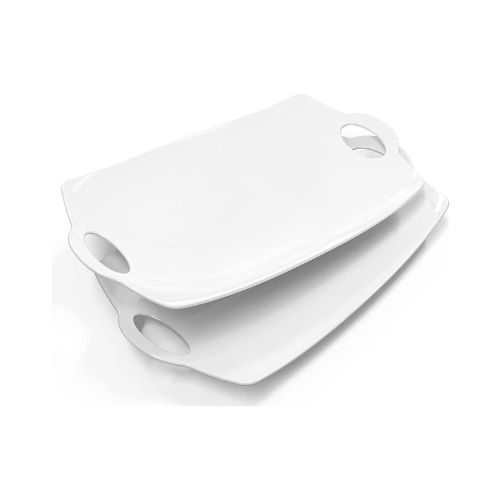 Two rectangular-shaped white platters with handles.