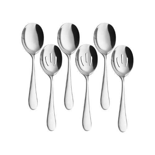 Six stainless steel serving spoons, three of which are slotted.