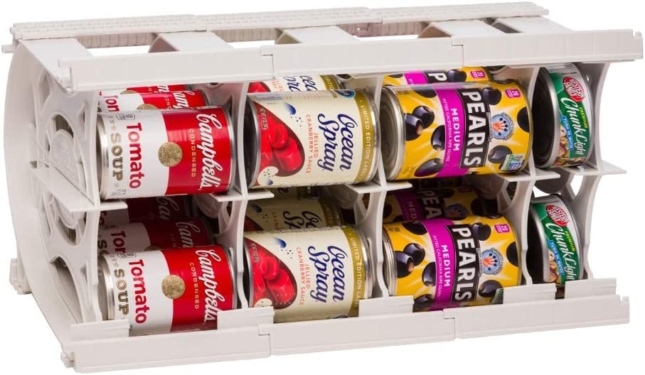 Pantry Organization Ideas - small white plastic can organizer that rotates cans.