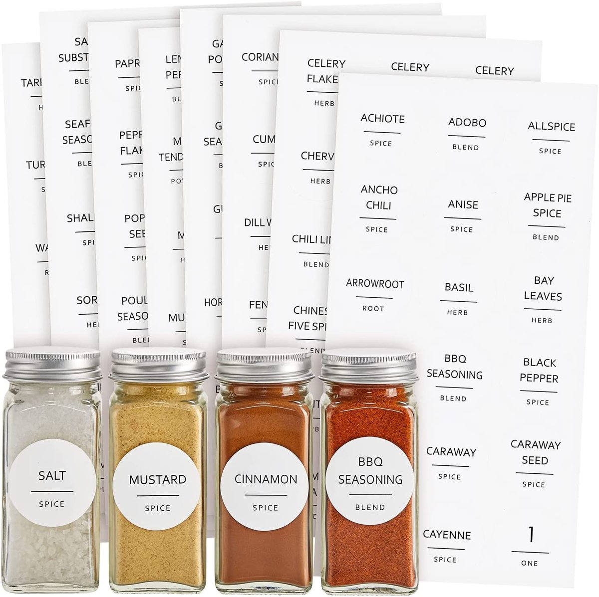 Pantry Organization Ideas - several white round labels with black font for labeling spice jars.