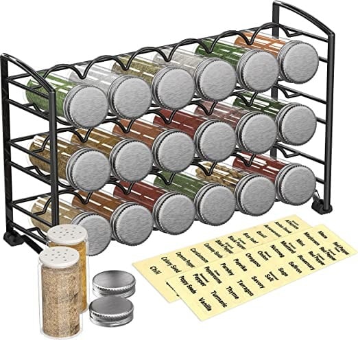 Pantry Organization Ideas - spic rack with several jars filled with spices and labels for jars.