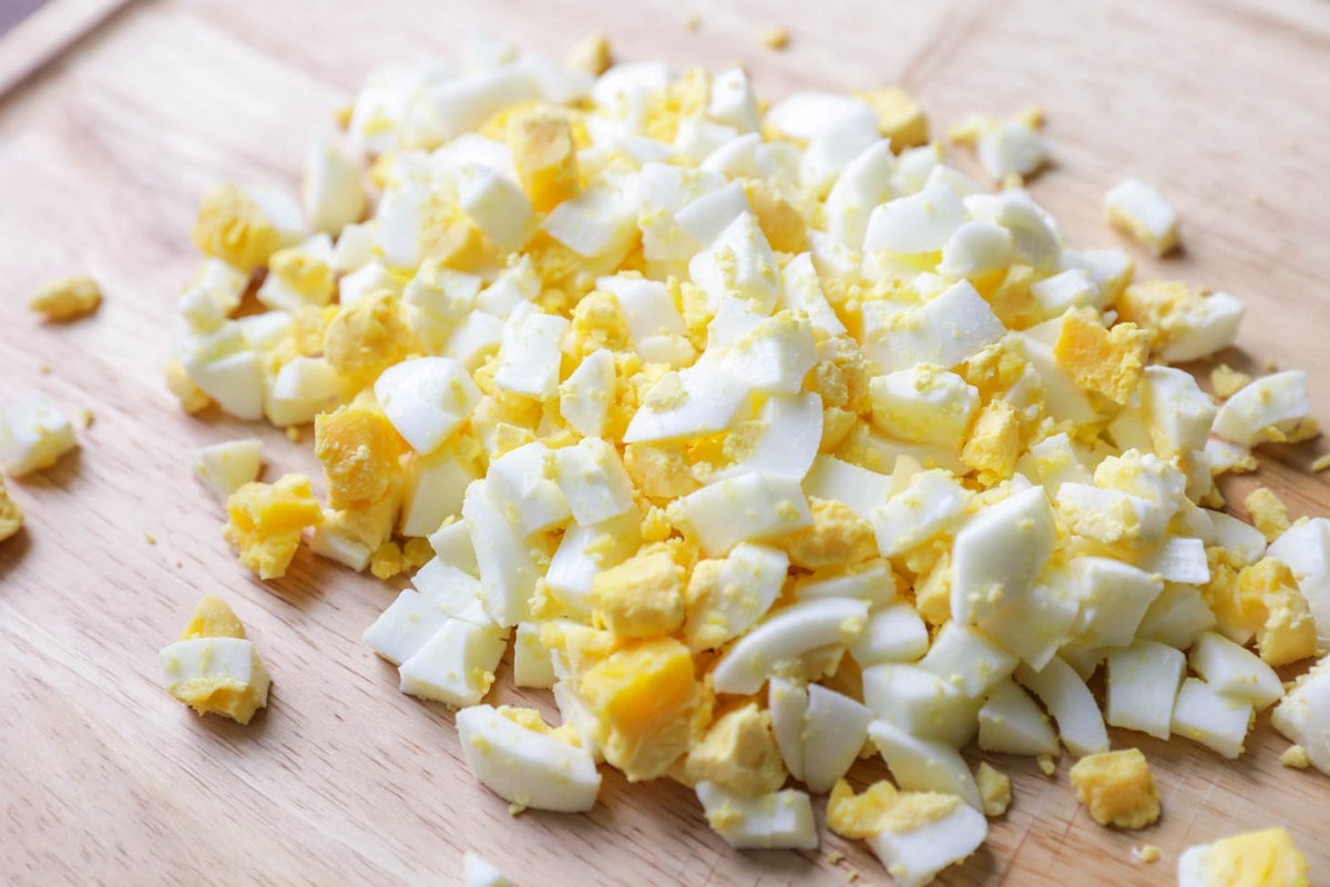 Chopped eggs for how to make egg salad.