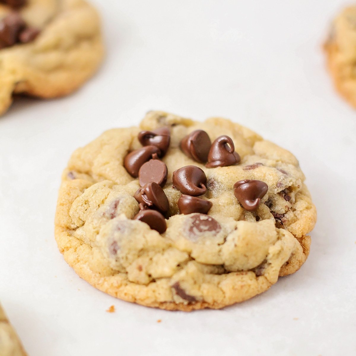 Close up of bakery style chocolate chip cookies covered with chocolate chips.