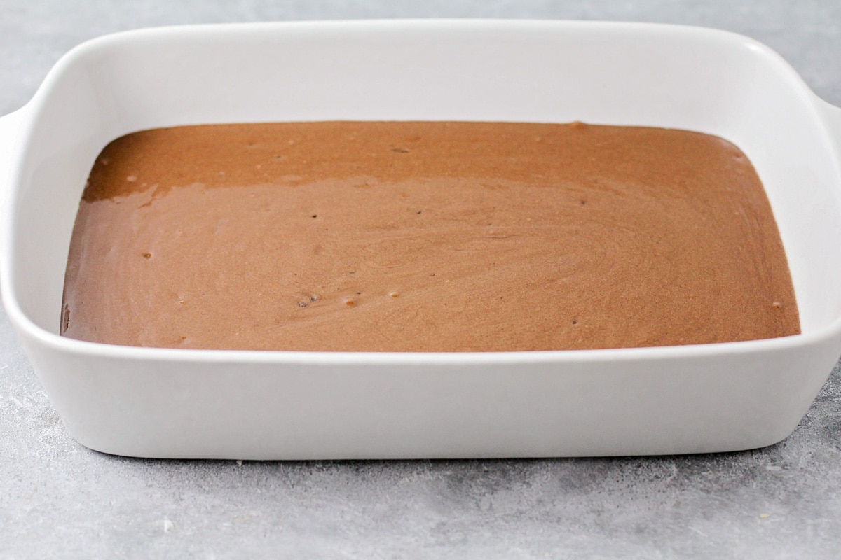 Chocolate cake batter ready to be baked.